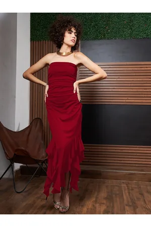 ATHENA Red Ruffled Strapless Asymmetric Hem Maxi Dress