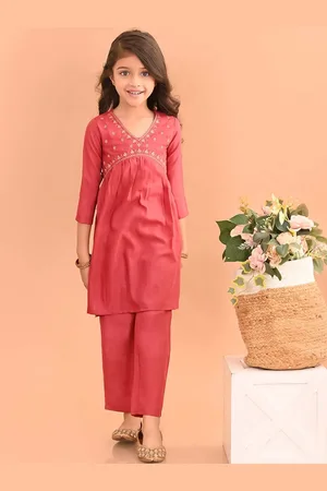 LilPicks Girls Yoke Design Embellished Cotton Empire Kurta with Palazzos