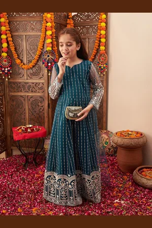 Cherry & Jerry Girls Ethnic Motifs Embroidered Net Fit & Flare Maxi Ethnic Dress