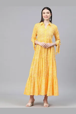 Kalini Geometric Printed Shirt Collar Tie-Ups & Tiered Cotton Fit and Flare Maxi Dress