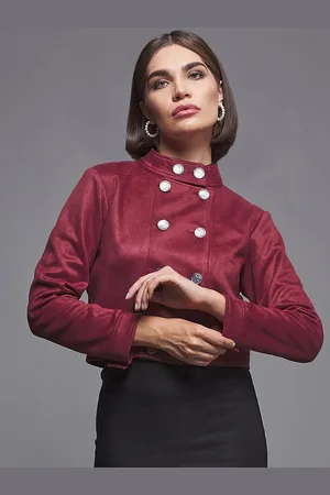 DressBerry Red Stand Collar Crop Tailored Jacket