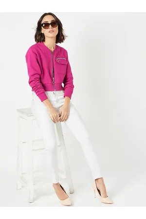 DressBerry Pink Stand Collar Crop Bomber Jacket