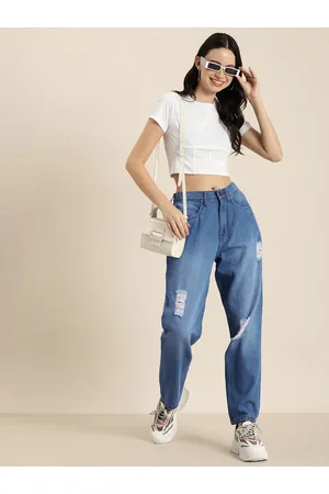 HERE&NOW Women Relaxed Fit High-Rise Mildly Distressed Light Fade Pure Cotton Jeans
