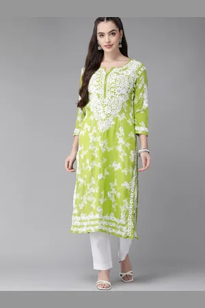 ADAM Co. Women Green & White Cotton Chikankari Hand Embroidered Sustainable Straight Kurta