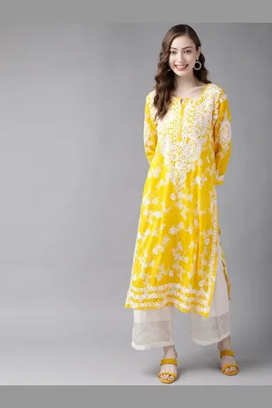 ADAM Co. Women Yellow & Off White Chikankari Embroidered Straight Kurta