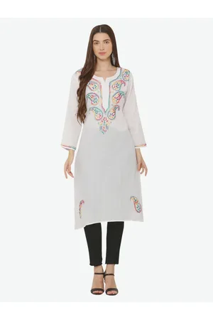 FAWOMENT Women White Paisley Embroidered Thread Work Cotton Kurta