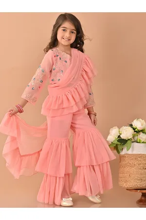 LilPicks Embroidered Top & Flared Sharara Set With Attached Dupatta
