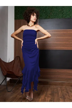 ATHENA Blue Ruffled Strapless Asymmetric Hem Maxi Dress