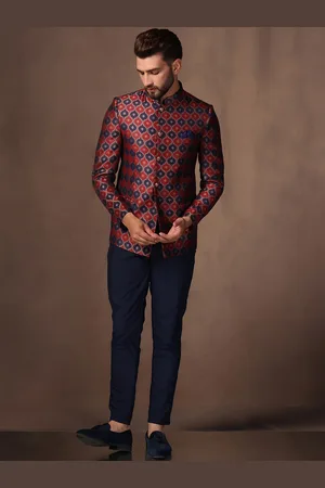 KISAH Men Self Design Slim Fit Jodhpuri Bandhgala Blazer