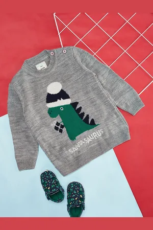 Pantaloons Boys Grey Melange & Black Embroidered Pullover