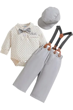 Stylecast Boys Beige & Grey Printed Shirt with Trousers & Suspenders
