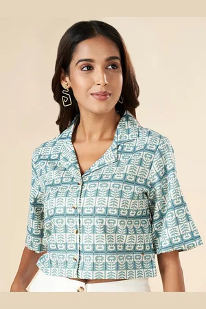 Pantaloons Floral Print Shirt Collar Flared Sleeves Cotton Shirt Style Crop Top