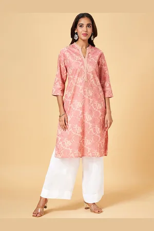 Pantaloons Floral Printed Mandarin Collar Gotta Patti Cotton Straight Kurta