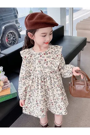 Stylecast Beige Girls Floral Printed Ruffled Fit & Flare Mini Dress