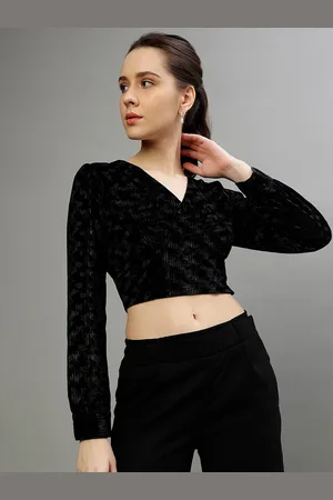CENTRESTAGE Self Design V-Neck Cuffed Sleeves Wrap Crop Top