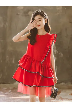 Stylecast Girls Red Layered Ruffled Cotton Fit & Flare Midi Dress