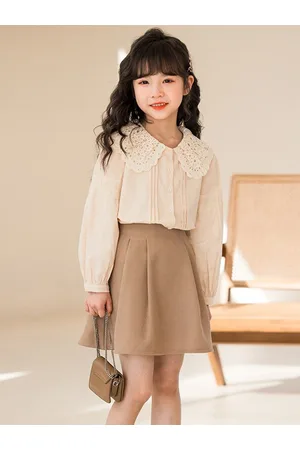 Stylecast Girls Khaki Lace Insert Pure Cotton Top with Skirt