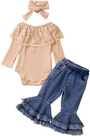 Stylecast Girls Beige & Blue Lace Bodysuit With Palazzo & Head Band