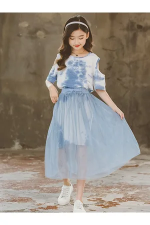Stylecast Girls Blue Dyed Round Neck Pure Cotton Top With Skirt