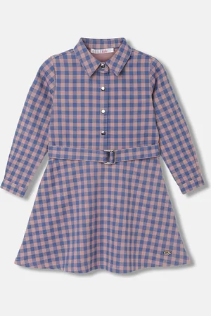 Elle Girls Checked Shirt Collar Cuffed Sleeves Pure Cotton Shirt Dress