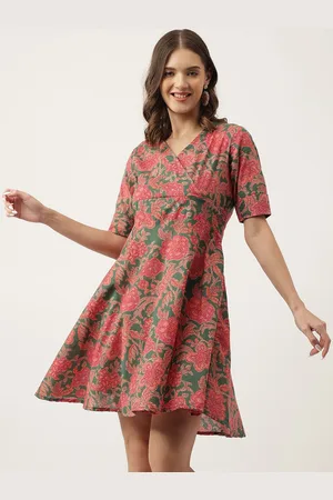 Kalini Floral Printed V-Neck Cotton Fit & Flare Mini Dress