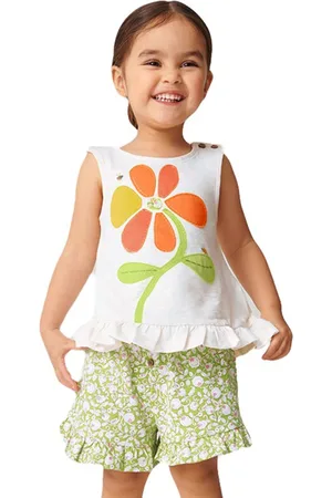 Stylecast Girls White Floral Printed Pure Cotton Top with Shorts