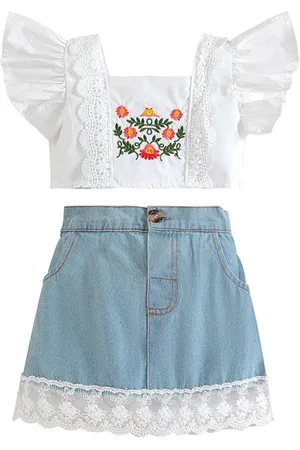 Stylecast Girls White & Blue Embroidered Top with Skirt