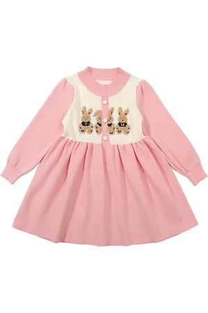 Stylecast Pink Girls Graphic Printed Mock Neck Cuffed Sleeve Fit & flare Cotton Mini Dress