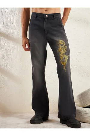 FUGAZEE Men Dragon Mid-Rise Flared Embroidered Jeans