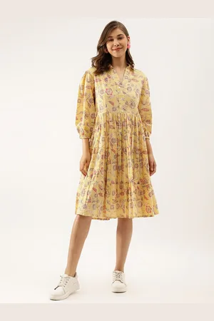 Kalini Floral Printed Shirt Collar Puff Sleeves Gathered Cotton A-Line Dress