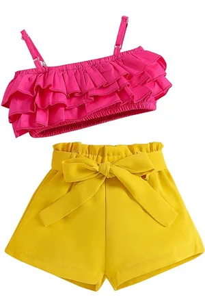 Stylecast Girls Pink Shoulder Strap Ruffles Top with Shorts
