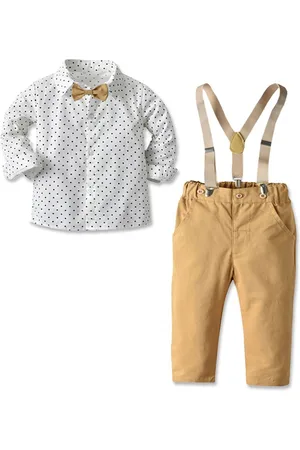 Stylecast Boys White Printed Shirt with Trousers And Suspenders & Bow