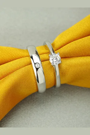 Peora Silver-Toned Rhodium-Plated Stone-Studded Couple Ring Set