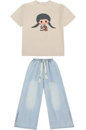 Stylecast Girls Beige Printed Pure Cotton T-shirt With Trousers