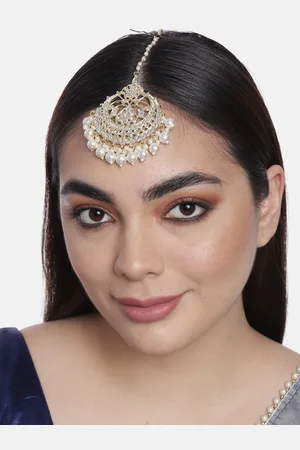 LAIDA Gold-Plated and White Kundan Chand Style & Pearl Beaded Maang Tikka