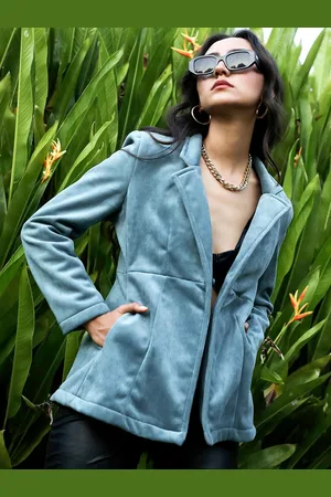 Campus Blue Notched Lapel Long Sleeves Open Front Blazer
