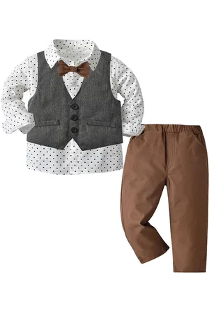 Stylecast Boys White & Brown Polka Dot Printed 3 Piece Suit