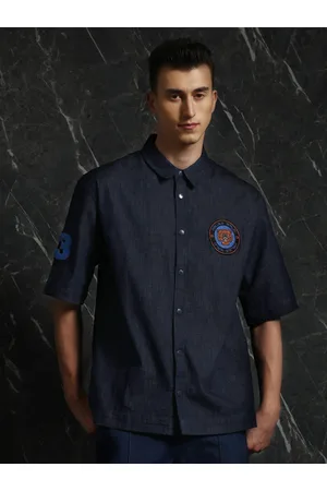 Breakbounce Blue Tailored Fit Applique Detailed Denim Casual Shirt