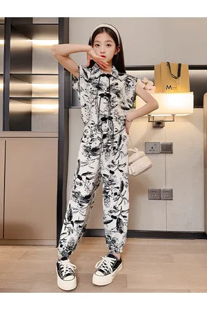 Stylecast Girls Black Floral Printed Shirt Collar Top with Trousers