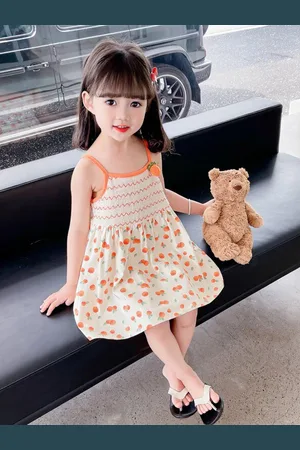 Stylecast Girls Orange & Off White Conversational Printed A-Line Knee Length Cotton Dress