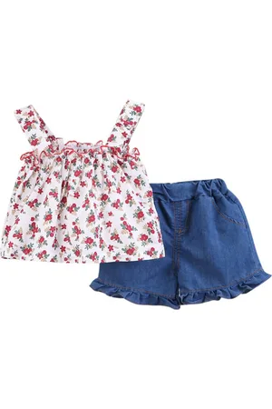 Stylecast Girls Red & Blue Floral Printed Top With Shorts
