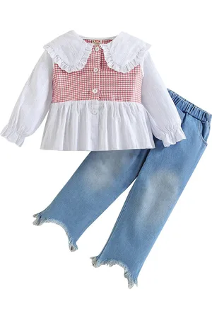 Stylecast Girls Pink & Blue Printed Peter Pan Collar Top With Trousers
