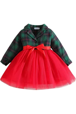 Stylecast Green & Red Girls Colourblocked Shirt Collar Fit & Flare Bow Mini Dress