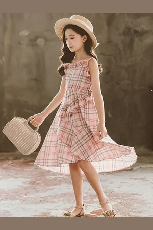 Stylecast Girls Pink & Grey Checked Layered Fit & Flare Midi Cotton Dress