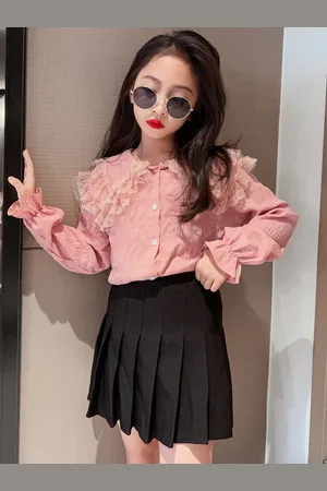 Stylecast Pink Girls Self Design Peter Pan Collar Cotton Crochet Ruffled Shirt Style Top