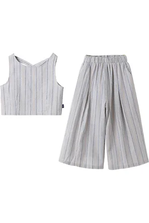 Stylecast Girls Grey Striped Pure Cotton Top with Palazzos