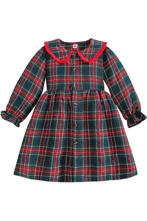 Stylecast Girls Red Checked Peter Pan Collar Puff Sleeve Cotton Fit and Flare Midi Dress