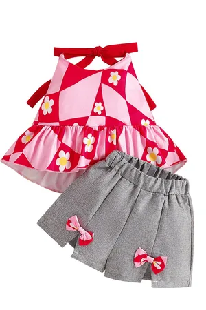 Stylecast Girls Fuchsia Shoulder Strapped Printed Top with Shorts