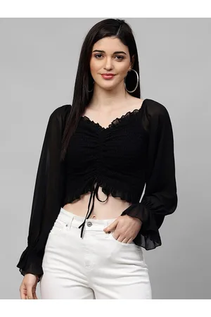 ATHENA Black Bell Sleeves Georgette Crop Top