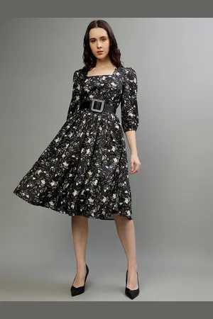 Elle Floral Printed Puff Sleeves Fit & Flare Dress